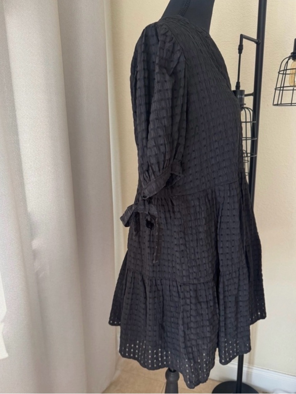 Pinch Mya Black Mini Dress Tie Sleeve Textured Babydoll Size M - Picture 4 of 8